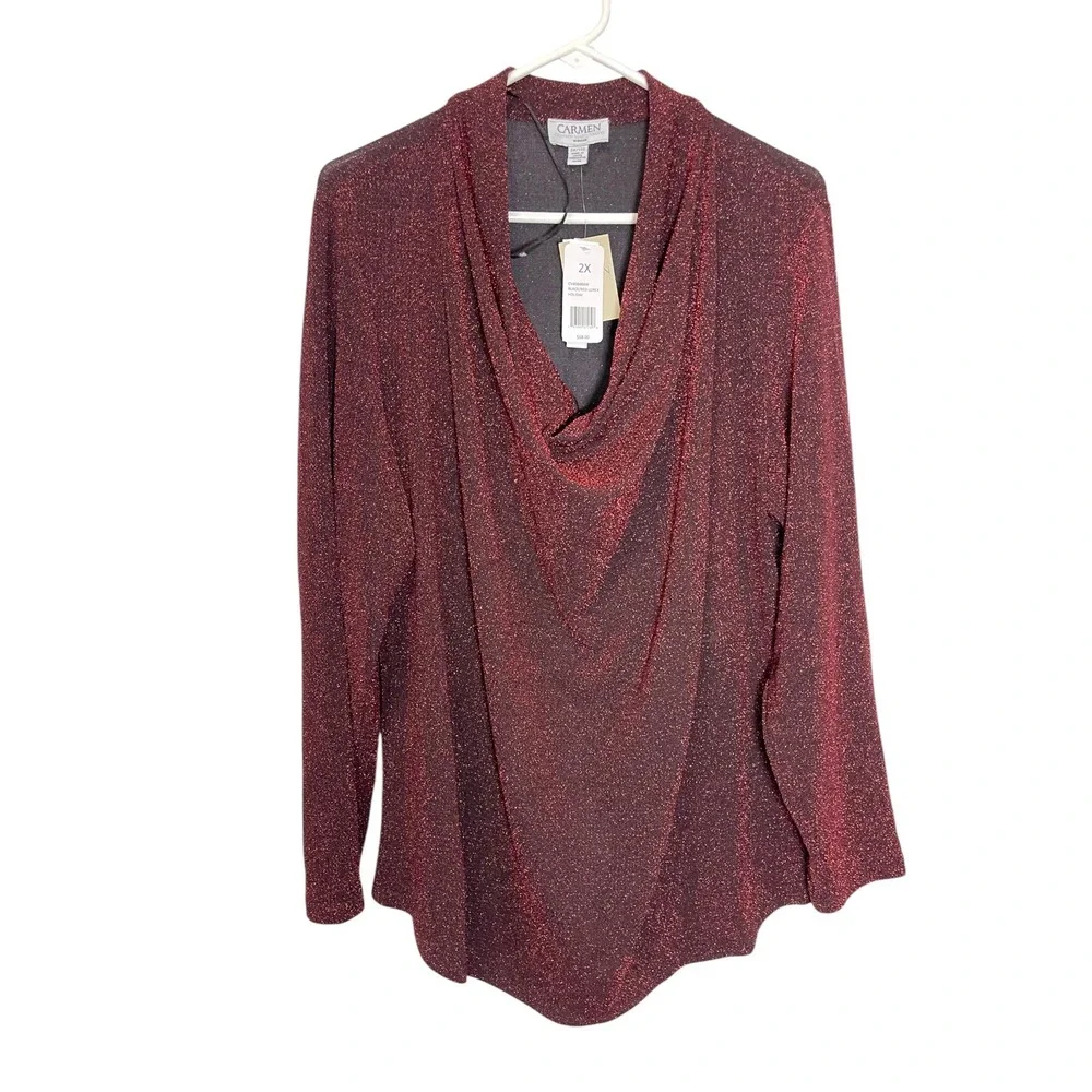 Carmen Marc Valvo 2X Red Black Lurex Cowl Neck Top Shimmer Holiday Glam Blouse - Picture 1 of 8